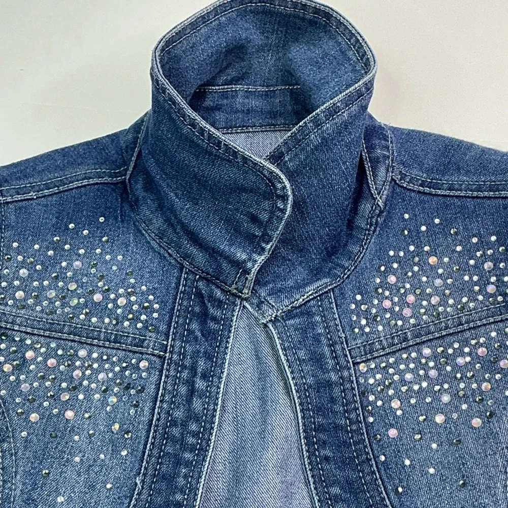 Justice Blue Denim Bolero Shrug Kids 8/10 Rhinestone Embellished Cap Sleeve